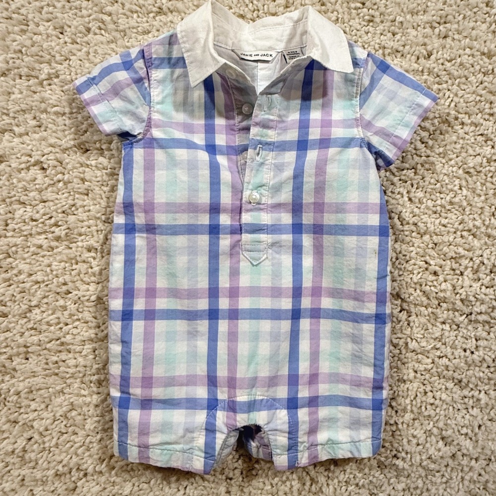 Janie & Jack Baby Purple Blue Plaid Short Sleeve Romper 0-3M Preppy Classic